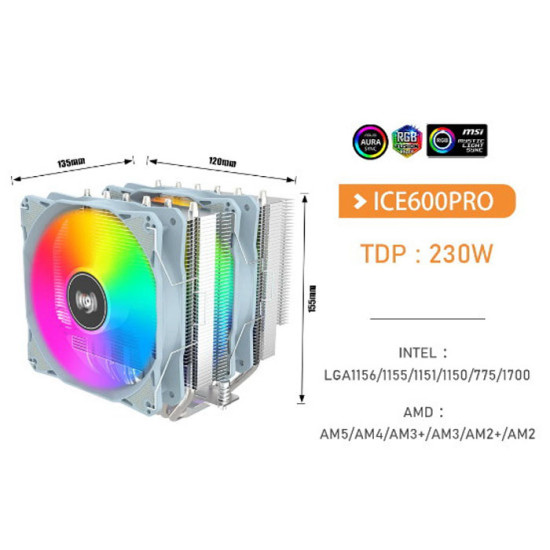 Aigo Fan Prosesor CPU Cooler 6 Heat Pipe ARGB Speed 900-1600rpm ICE600PRO