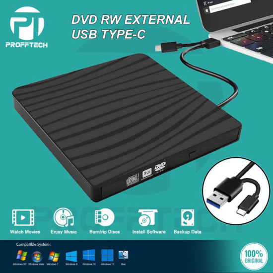 Profftech DVDRW DVD-RW External USB 3.0 Type C Drive Burner Super Slim