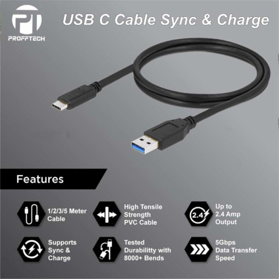 Profftech Kabel USB 3.0 to Type C 3.1 Sync Charge Cable Panjang 2 Meter