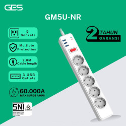 GES GM5U-NR Colokan Stop Kontak 5 Lubang 3 USB Anti Petir Surge Protector