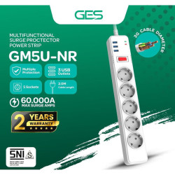 GES GM5U-NR Colokan Stop Kontak 5 Lubang 3 USB Anti Petir Surge Protector GES GM5U-NR Colokan Stop Kontak 5 Lubang 3 USB Anti Petir Surge Protector