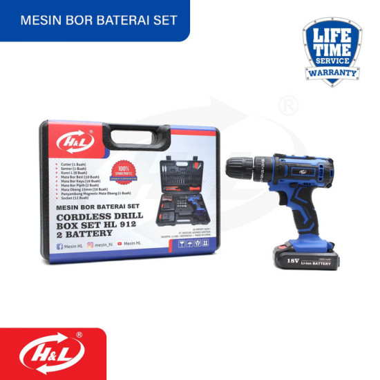 HL 912 Cordless Drill Box Set 2 Battery Mesin Bor Baterai HL 912 Cordless Drill Box Set 2 Battery Mesin Bor Baterai