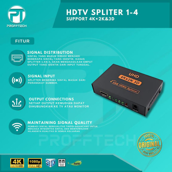 Profftech HDTV Splitter 4 Port 1 In 4 Out 1-4 1 to 4 HDMI 4K