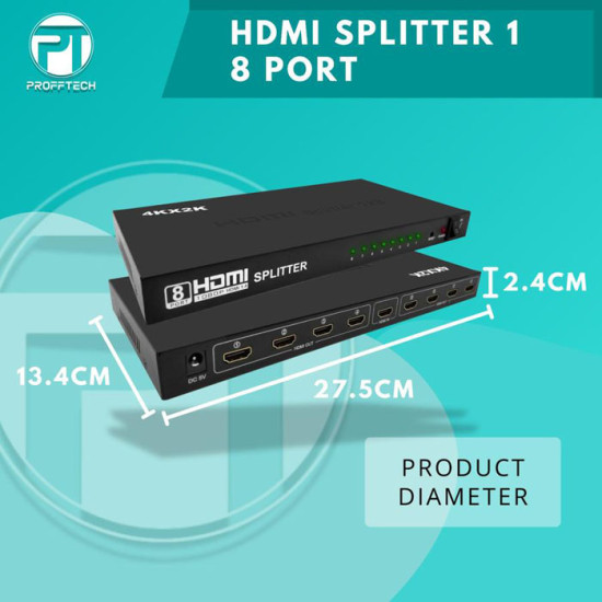 Profftech HDMI Splitter 8 Port 1 In 8 Out 1-8 1 to 8 4K Plug n Play