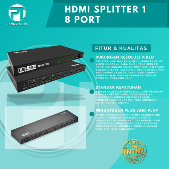 Profftech HDMI Splitter 8 Port 1 In 8 Out 1-8 1 to 8 4K Plug n Play