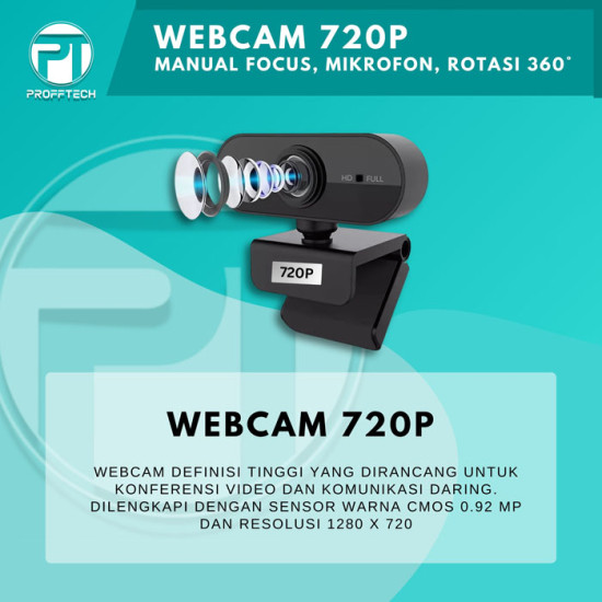 Profftech Webcam 720P Camera Mic Colokan USB Manual Fokus Rotasi 360