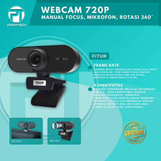Profftech Webcam 720P Camera Mic Colokan USB Manual Fokus Rotasi 360