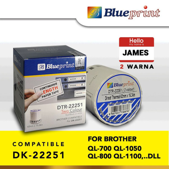Blueprint BP-DTS22251 Label Barcode Brother 22251 62mm x 15.24m Continuous 2 Colour Stiker Roll