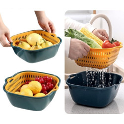 Keranjang Baskom Double Layer Wadah Cuci Sayur Buah Plastik
