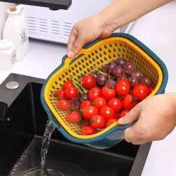 Keranjang Baskom Double Layer Wadah Cuci Sayur Buah Plastik