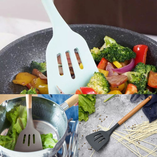 Spatula Sutil Bahan Silicon Gagang Kayu Bolong Silikon