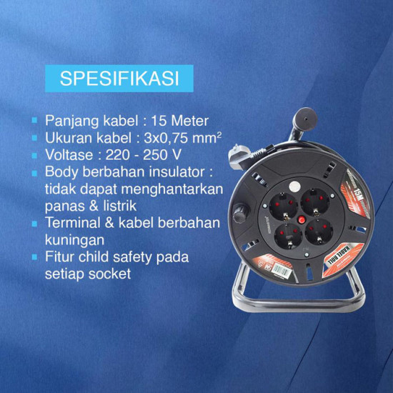 Kenmaster Kabel Roll 15 Meter 3 x 0.75 mm - Kabel Rol 4 Lubang