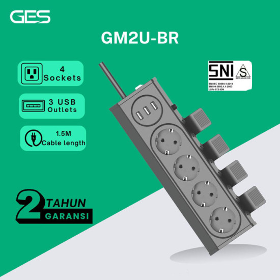 GES GM2U-BR Stop Kontak 4 Lubang 3 USB 3680W