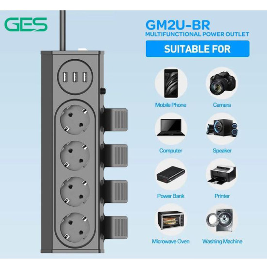 GES GM2U-BR Stop Kontak 4 Lubang 3 USB 3680W