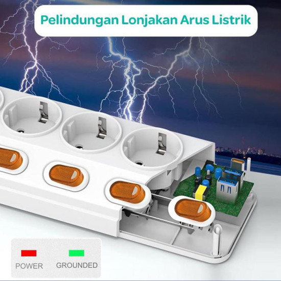 GES GM6CU-NR Stop Kontak 6 Lubang 3 USB 3680W Anti Petir Surge Protector