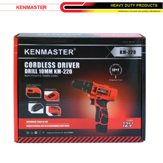 Kenmaster Cordless Driver Drill 10mm Bor Tanpa Kabel 12V 2.0Ah Li-Ion KM-220