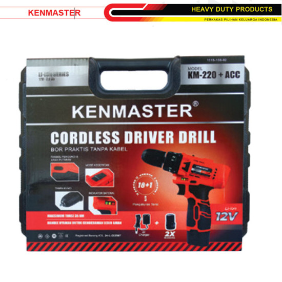 Kenmaster Cordless Driver Drill 10mm Box Bor Tanpa Kabel Koper 12V 2.0Ah Li-Ion KM-220 + ACC