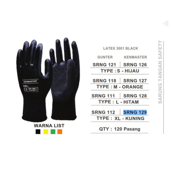 Kenmaster Sarung Tangan Pelindung Safety Hitam Tapak Karet KM3001 KM-3001