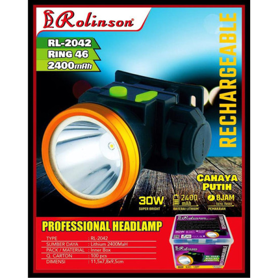 Rolinson RL-2042 Senter Kepala 30W Ring 46 Head Lamp Headlamp Charge 2400mAh Rolinson RL-2042 Senter Kepala 30W Ring 46 Head Lamp Headlamp Charge 2400mAh