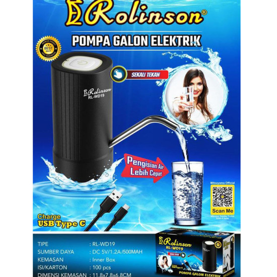 Rolinson RL-WD19 Pompa Galon Elektrik Charge Kabel USB Type C Dispenser Air Otomatis