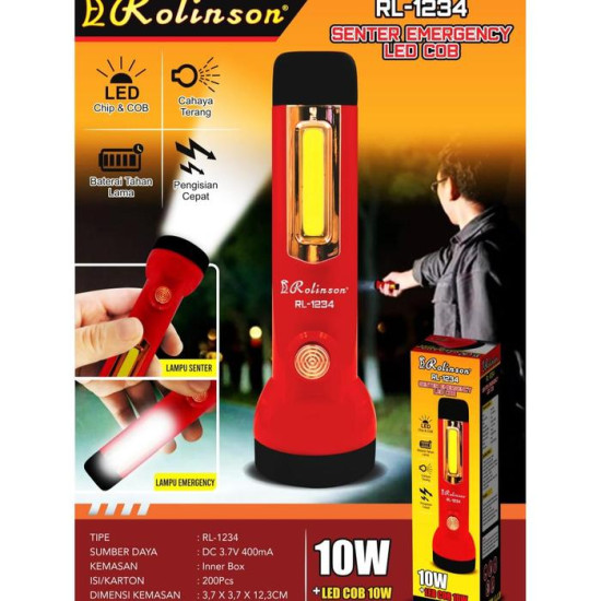 Rolinson Senter Lampu Darurat 2 Mode LED COB 10W Charger USB RL-1234