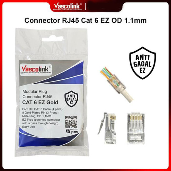 Vascolink Connector Konektor RJ45 Cat 6 EZ Gold Plated 1 Pack isi 50 Pcs
