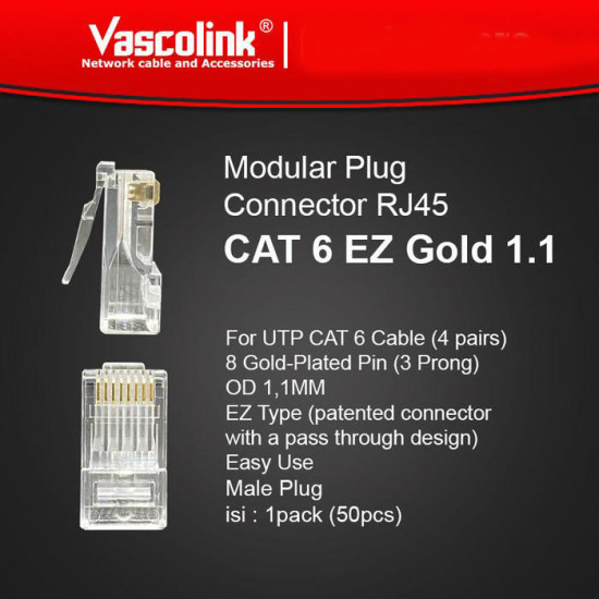 Vascolink Connector Konektor RJ45 Cat 6 EZ Gold Plated 1 Pack isi 50 Pcs
