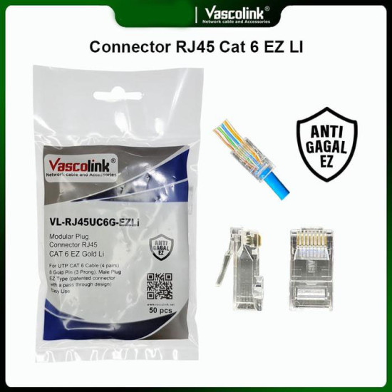 Vascolink Connector Konektor RJ45 Cat 6 EZ Gold Lite Plated 1 Pack isi 50 Pcs