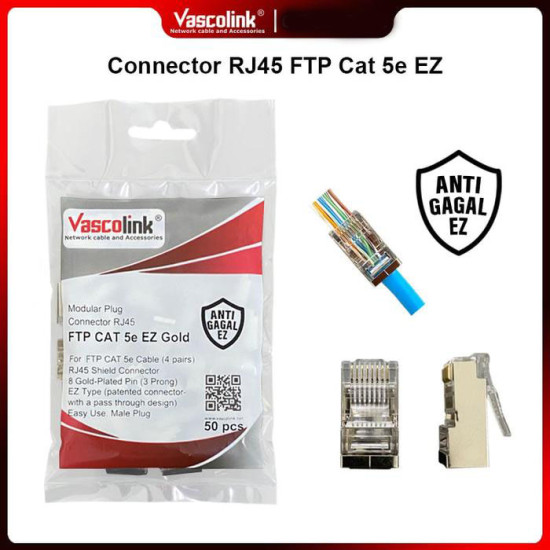 Vascolink RJ45 Connector FTP Cat 5e EZ Gold Plated 1 Pack isi 50 Pcs