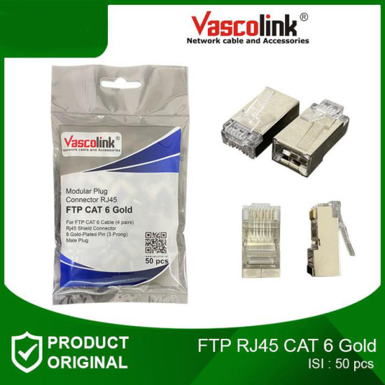 Vascolink Connector Konektor RJ45 FTP Cat 6 Gold Plated 1 Pack isi 50 Pcs