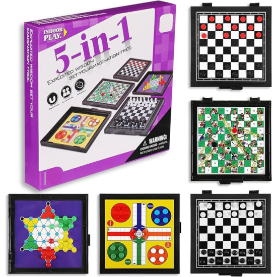 Mainan 5 in 1 Magnetic Board Catur Ludo Halma Ular Tangga