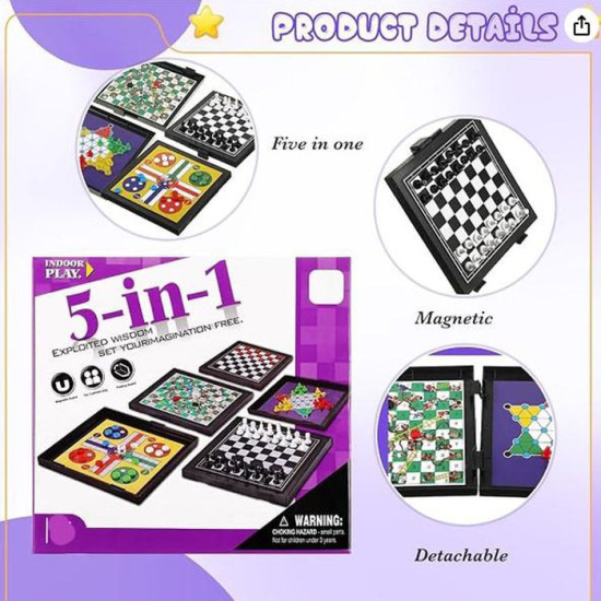 Mainan 5 in 1 Magnetic Board Catur Ludo Halma Ular Tangga